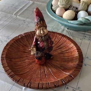 Wooden Bowl with Gnome Figurine